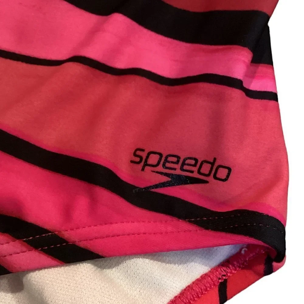 Speedo Striped One-Piece Swimsuit Cross Strap‎ Girls Sz 10 Pink Red Black #170J